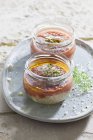 Couscous with gazpacho in jars — Stock Photo