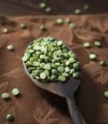 Green dried split peas on a wooden spoon — Stock Photo