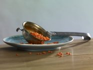 Вид крупным планом красной чечевицы в ковше на тарелке — стоковое фото
