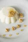Panna cotta with almond brittle on plate — Stock Photo