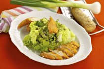 Gebackene Hühnerstreifen mit grünem Salat — Stockfoto
