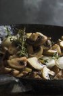 Fried mushrooms with thyme in a cast iron pan — Stock Photo