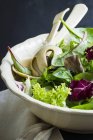 Fresh lettuce in antique bowl — Stock Photo