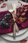 Closeup view of place setting with antique cutlery decorated with autumnal leaves and berries — Stock Photo