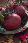 Granatäpfel mit herbstlichen Beerenzweigen — Stockfoto