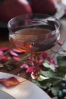 Nahaufnahme eines Glases Sherry mit herbstlichen Blättern und Beeren — Stockfoto