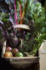 Légumes frais dans un panier en bois — Photo de stock