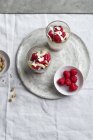 Крупним планом вид на йогурт зі свіжою малиною, фісташками та кокосовими стручками — стокове фото