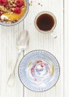 Peach melba muesli and coffee — Stock Photo