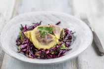 Cabbage salad with walnut ravioli pasta — Stock Photo