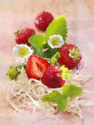 Strawberries with flowers and leaves — Stock Photo