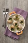 Top view of cooked Burgundy snails in bowl — Stock Photo