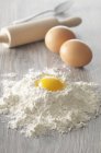 Egg yolk in pile of flour — Stock Photo
