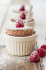 Closeup view of raspberry souffle with icing sugar — Stock Photo