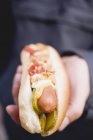 Human Hand holding hot dog — Stock Photo