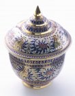Vue rapprochée du pot asiatique décoratif avec couvercle sur surface blanche — Photo de stock