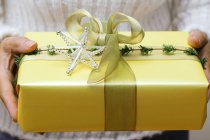 Vista close-up de mãos segurando pacote de Natal — Fotografia de Stock