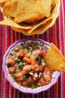 Tomaten-Salsa und Tortilla-Chips auf Teller über rotem Tuch — Stockfoto