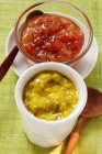 Mustard and pepper relish in bowls — Stock Photo