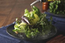 Closeup view of iceberg lettuce salad and pouring oil — Stock Photo