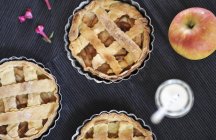 Vue de dessus des tartes aux pommes sous formes métalliques — Photo de stock