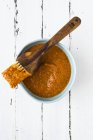 Top view of Harissa sauce in a blue bowl with a brush — Stock Photo