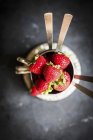 Strawberries in silver bowl — Stock Photo