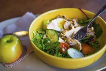 Ensalada de verduras con pollo a la parrilla en un tazón - foto de stock