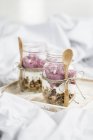 Muesli com iogurte em jarros — Fotografia de Stock