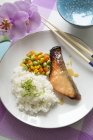 Miso baked salmon with steamed rice — Stock Photo