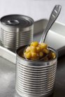 Tinned sweetcorn on spoon — Stock Photo