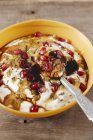Closeup view of anise yogurt with pomegranate seeds and molasses — Stock Photo