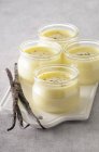 Closeup view of vanilla cream and vanilla pods on porcelain board — Stock Photo