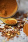 Closeup view of chilli powder, seeds and flakes — Stock Photo