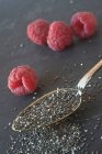 Chia seeds and fresh raspberries — Stock Photo