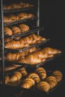 Croissants quentes em bandejas de cozimento — Fotografia de Stock