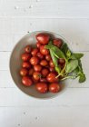 Pomodori e basilico in ciotola — Foto stock