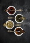 Vista dall'alto di vari tipi di tè su cucchiai vintage su ciotole — Foto stock