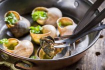 Closeup view of snails with garlic butter and parsley in pot and on fork — Stock Photo