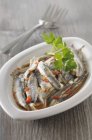 Closeup view of marinated anchovies with herb — Stock Photo