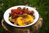 Гриль овощей на тарелке на пне дерева в траве — стоковое фото