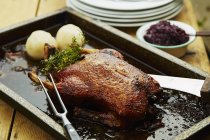 Roasted wild goose with red cabbage and dumplings on baking tray — Stock Photo