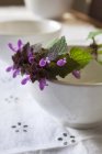 Closeup view of purple wild flowers on a ceramic bowl — Stock Photo