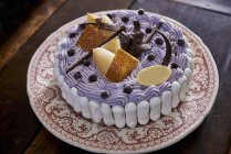 Vista de cerca de la tarta de Vacherin púrpura con chocolate y frágiles - foto de stock
