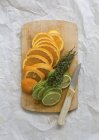 Rodajas de naranja y lima con hierbas - foto de stock