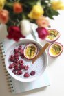Chia pudding with fresh raspberries — Stock Photo