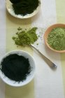 Polveri superfood verdi in ciotole e su un cucchiaio — Foto stock
