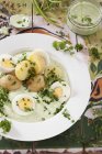Patatas nuevas con huevos duros - foto de stock