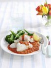 Fish in tomato sauce with broccoli — Stock Photo