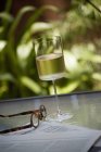 Closeup view of wine glass with eyeglasses and newspaper on garden table — Stock Photo